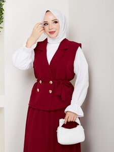 Üçlü Yelekli Etekli Takım Bordo #3
