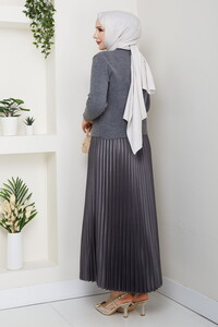 Önü Düğmeli Triko Etek Takım Gri #5