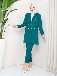 Manşeti Düğmeli Blazer Ceketli Takım Zümrüt #4