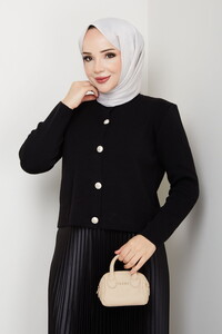 Önü Düğmeli Triko Etek Takım Siyah #3