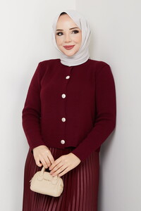 Önü Düğmeli Triko Etek Takım Bordo #3
