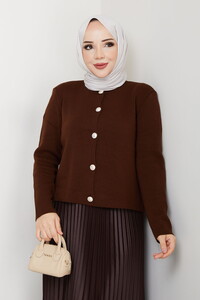 Önü Düğmeli Triko Etek Takım Kahve #3