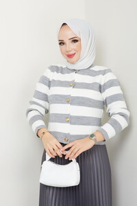 Çizgili Hırkalı Etekli Kombin Gri #2