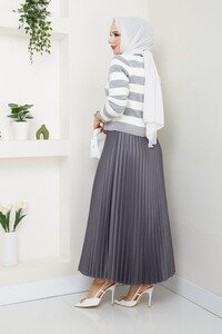 Çizgili Hırkalı Etekli Kombin Gri #3