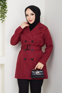 Kemerli Basic Trençkot Bordo #3