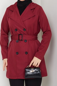 Kemerli Basic Trençkot Bordo #4