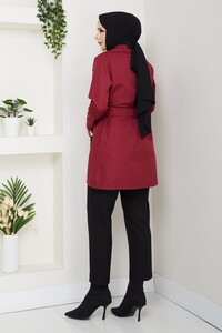 Kemerli Basic Trençkot Bordo #5