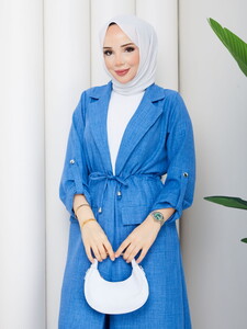 Bağlamalı Uzun Keten Pantolon Takım Mavi #3