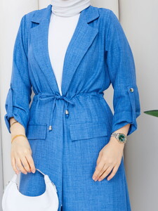 Bağlamalı Uzun Keten Pantolon Takım Mavi #4