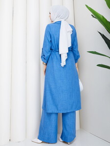 Bağlamalı Uzun Keten Pantolon Takım Mavi #5