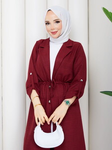 Bağlamalı Uzun Keten Pantolon Takım Bordo #3