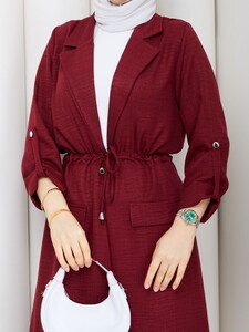 Bağlamalı Uzun Keten Pantolon Takım Bordo #4