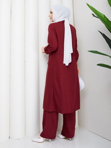 Bağlamalı Uzun Keten Pantolon Takım Bordo #5