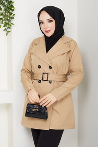 Kemerli Basic Trençkot Vizon #3