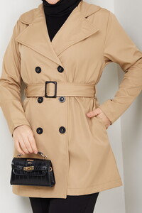 Kemerli Basic Trençkot Vizon #4