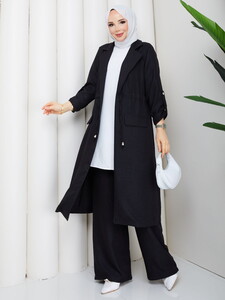 Bağlamalı Uzun Keten Pantolon Takım Siyah #3