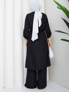 Bağlamalı Uzun Keten Pantolon Takım Siyah #5
