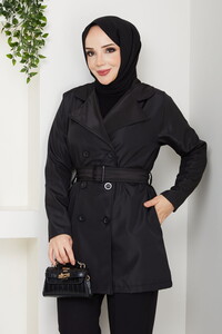 Kemerli Basic Trençkot Siyah #3