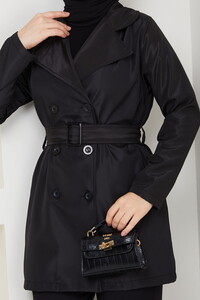 Kemerli Basic Trençkot Siyah #4