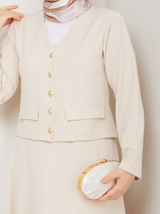 V Yaka Etekli Takım Krem #4