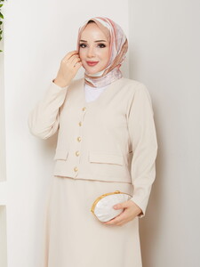 V Yaka Etekli Takım Krem #3