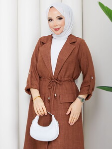 Bağlamalı Uzun Keten Pantolon Takım Taba #3