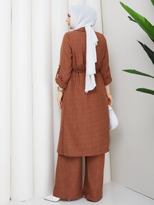 Bağlamalı Uzun Keten Pantolon Takım Taba #5
