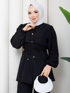 Beli Tünelli Keten Pantolon Takım Siyah #3