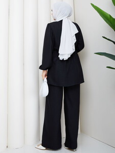 Beli Tünelli Keten Pantolon Takım Siyah #5