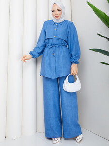Beli Tünelli Keten Pantolon Takım Mavi #3