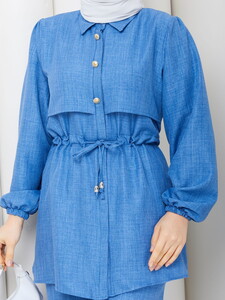 Beli Tünelli Keten Pantolon Takım Mavi #4