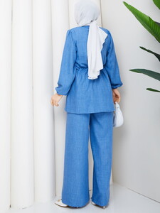 Beli Tünelli Keten Pantolon Takım Mavi #5