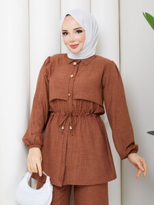 Beli Tünelli Keten Pantolon Takım Taba #3