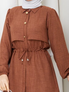 Beli Tünelli Keten Pantolon Takım Taba #4