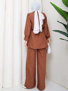 Beli Tünelli Keten Pantolon Takım Taba #5