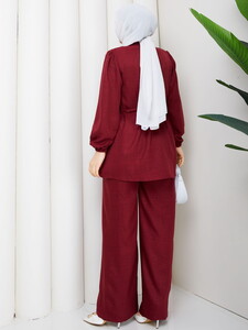 Beli Tünelli Keten Pantolon Takım Bordo #5