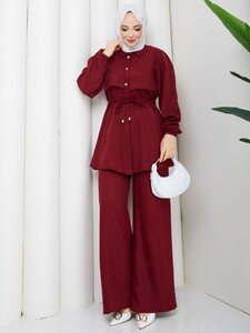 Beli Tünelli Keten Pantolon Takım Bordo #3