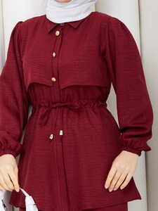 Beli Tünelli Keten Pantolon Takım Bordo #4