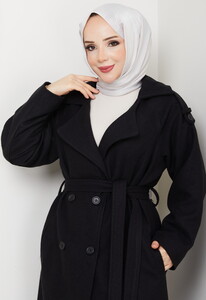 Apoletli Uzun Boy Kaşe Kaban Siyah #3