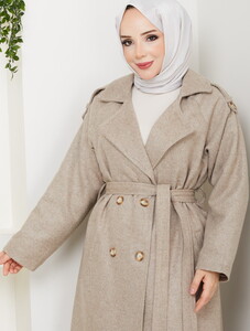 Apoletli Uzun Boy Kaşe Kaban Bej #3