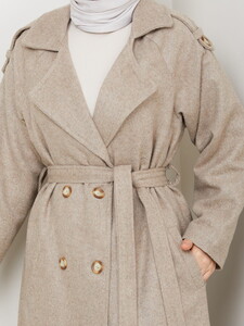 Apoletli Uzun Boy Kaşe Kaban Bej #4