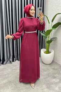 Kemeri Yakası Taşlı Şifon Abiye Bordo #3