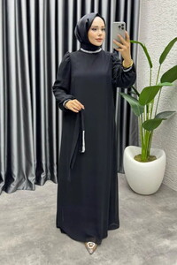 Kemeri Yakası Taşlı Şifon Abiye Siyah #3