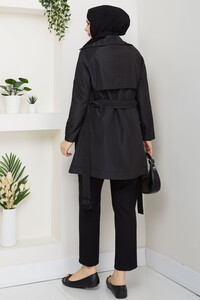 Kruvaze Yaka Trençkot Siyah #5