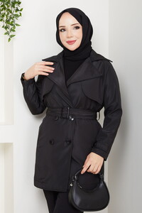 Kruvaze Yaka Trençkot Siyah #3