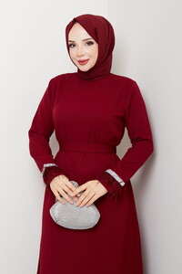 Tüy ve Taş Detaylı Elbise Bordo #3
