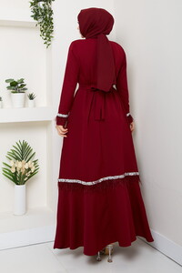Tüy ve Taş Detaylı Elbise Bordo #5