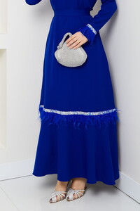 Tüy ve Taş Detaylı Elbise Saks #4