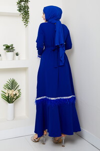 Tüy ve Taş Detaylı Elbise Saks #5