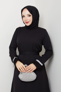 Tüy ve Taş Detaylı Elbise Siyah #3